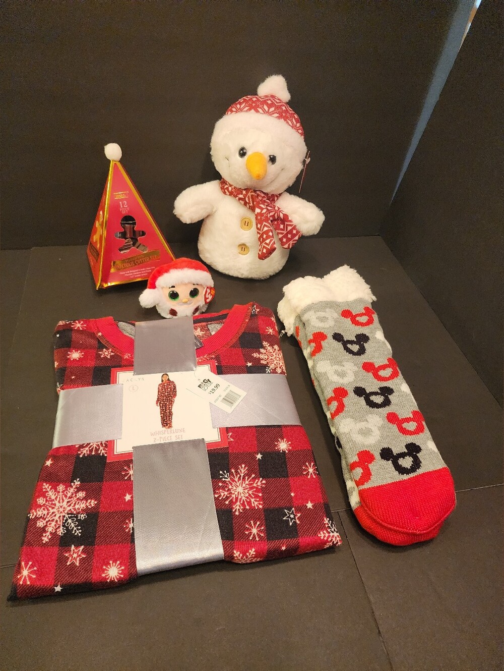 Xmas in July Lot of 5 Items-LG Size PJ's,Socks,Ty Beanie Balls, Plush Snowman, S